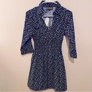 NWT Cotton Navy with White floral front Zipper 3/4 sleeve long sleeve PS dress